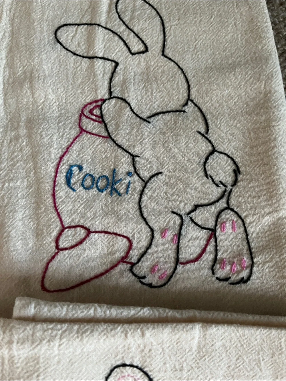 Set of 7 Vintage Hand Embroidered Bunny Tea Towels - Cream with Pastel Accents
